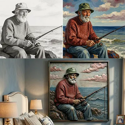 Old Man Fishing By The Sea - Relief