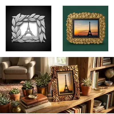 Wanderlust tejido en madera: atesora tus recuerdos con nuestro marco de fotos con motivo de la Torre Eiffel y hojas.