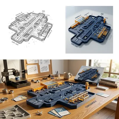 Wireframe airport board game displayed on a studio drafting desk