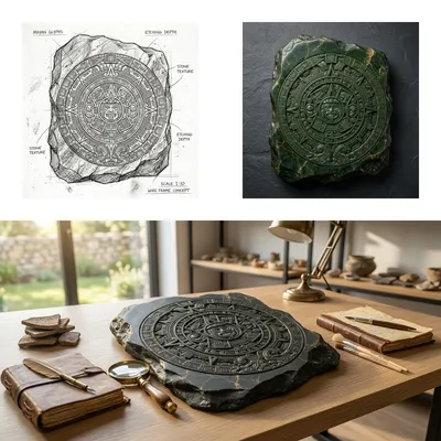 Laser-carved Mayan slate resting on an oak studio desk alongside drafting tools and modern gear
