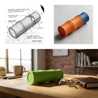 Sugarcane textured hard-shell eyewear case sitting beside a minimalist desk setup