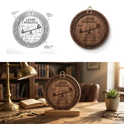 Solid oak lever principle desk ornament etched with precision laser engraving
