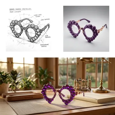 Grape Light: Jewel-toned glassware casting vibrant light refractions across a workspace