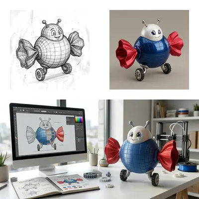 High-gloss candy robot figurine sitting on a professional desktop setup