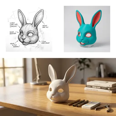 Matte-white geometric bunny mask resting in a sunlit creative studio