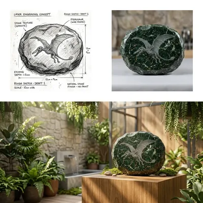 Custom laser-etched dark slate pterosaur relief mounted on a teak pedestal in a courtyard garden