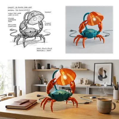 Solid brass crab desk lamp casting warm light across a creative workspace