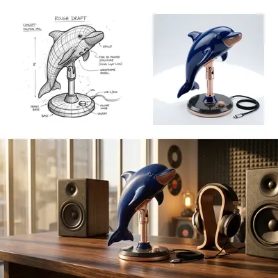 Dolphin-shaped studio condenser microphone on a creator desk