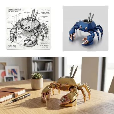 Stifthalter aus massivem Messing in Krabbenform auf einem Schreibtisch